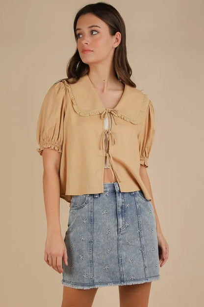 Bow Printed Casual Denim Mini Skirt in Indigo – outfit idea for women | Ro + Ivy