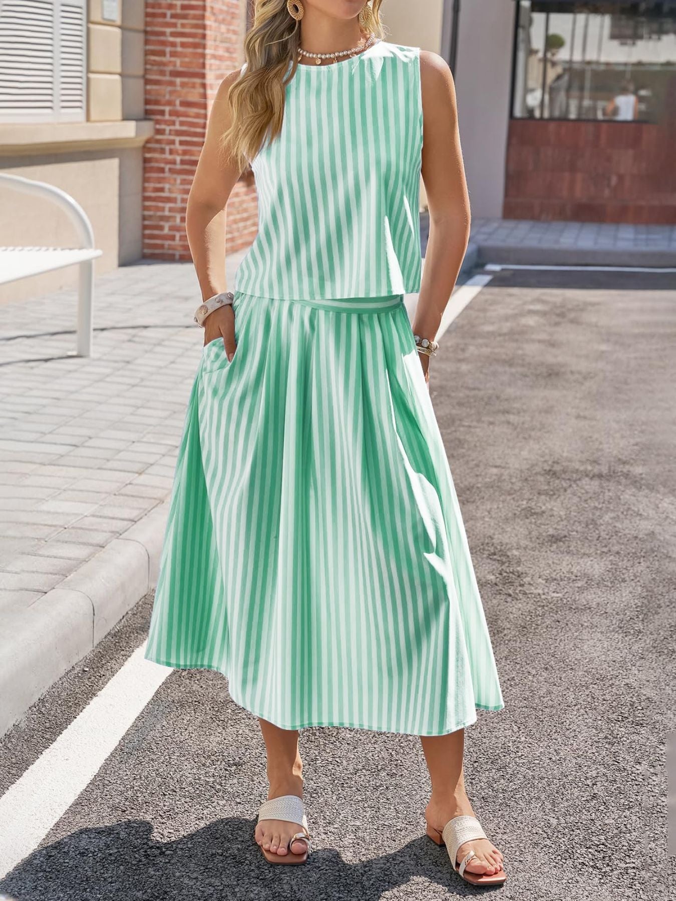 Women's Striped Sleeveless Top and Midi Skirt Set - Matching Sets