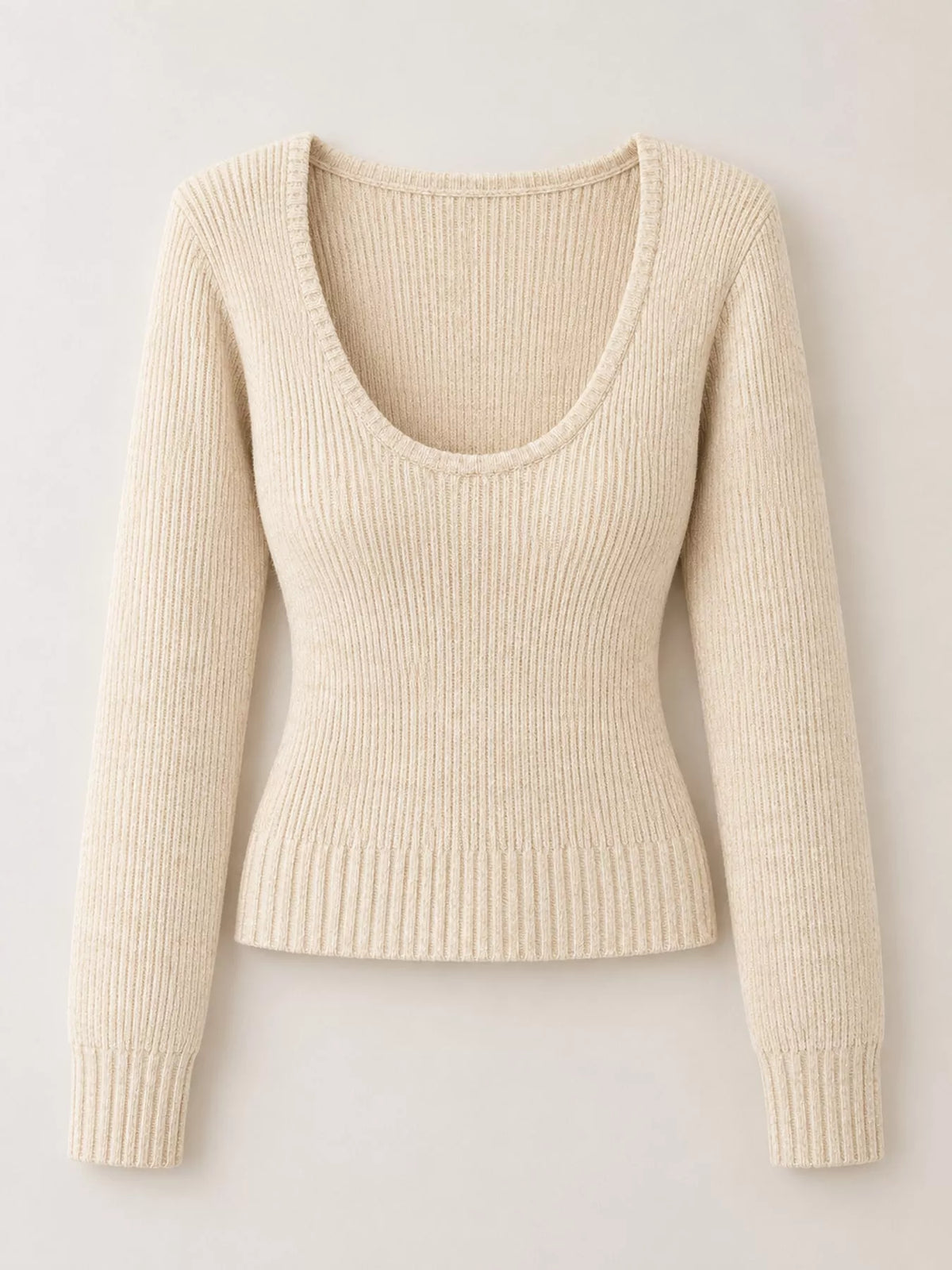 Scoop Neck Ribbed Knit Slim-Fit Sweater with Long Sleeves