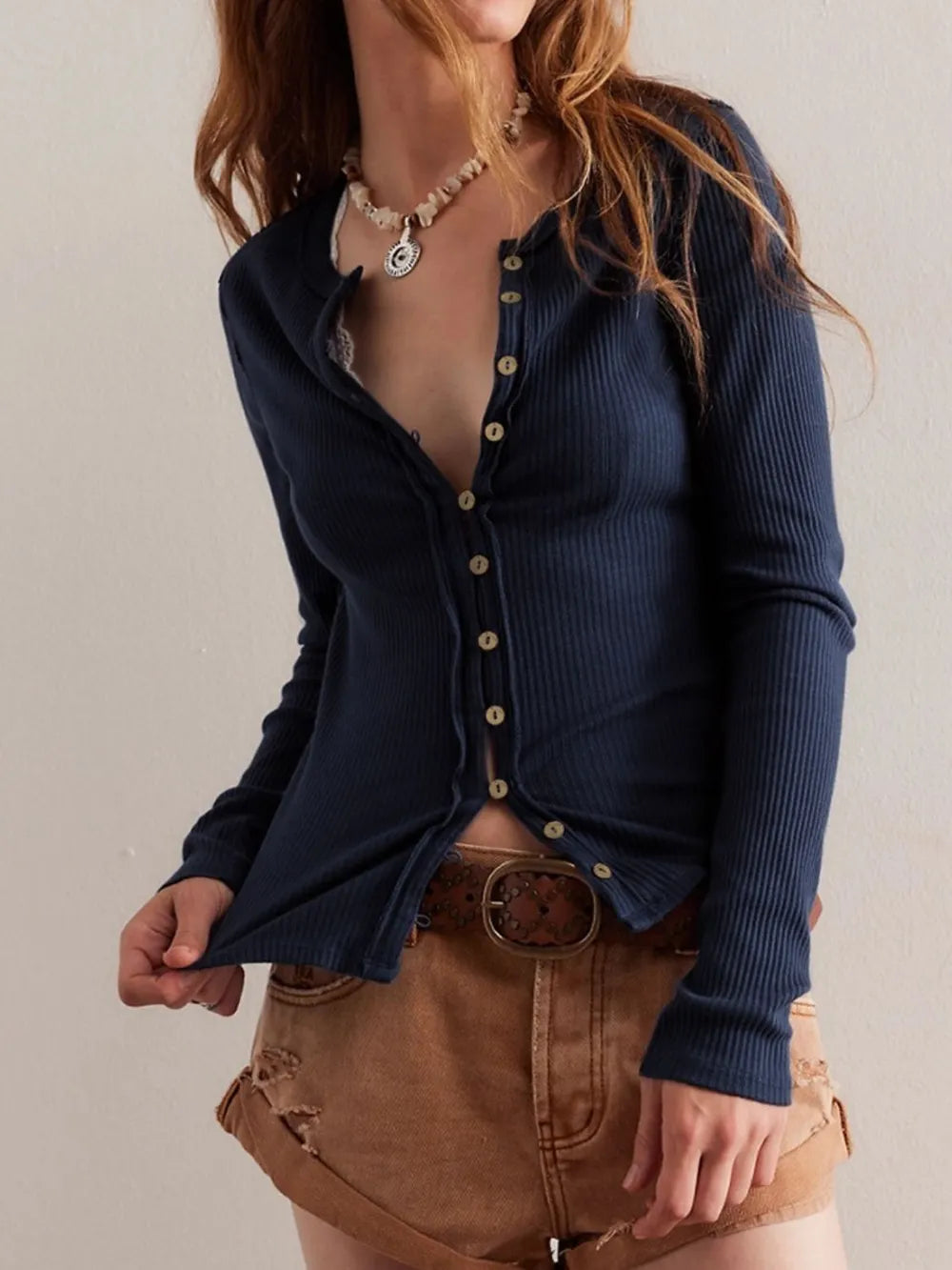 Ribbed Round Neck Button Up Long Sleeve Top - Dark Navy Tops