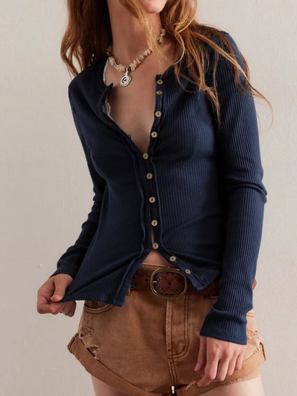 Ribbed Round Neck Button Up Long Sleeve Top - Dark Navy Tops