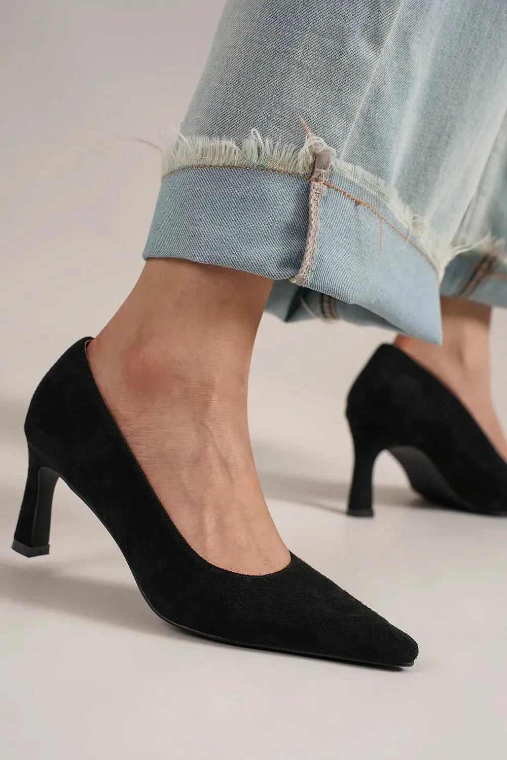 Faux Suede Point Toe Block Heel Pumps — Classic Sleek Elegant Versatile Style - Black Heels