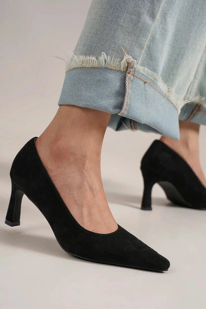 Faux Suede Point Toe Block Heel Pumps — Classic Sleek Elegant Versatile Style - Black Heels