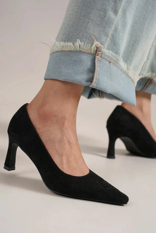 Faux Suede Point Toe Block Heel Pumps — Classic Sleek Elegant Versatile Style - Black Heels