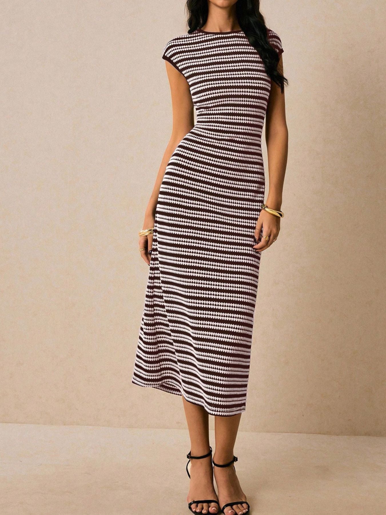 Round Neck Short Sleeve Striped Bodycon Midi Dress - Wine Red Midi Dresses