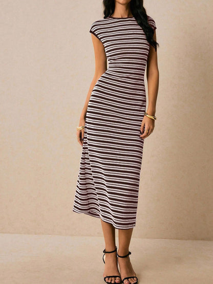 Round Neck Short Sleeve Striped Bodycon Midi Dress - Wine Red Midi Dresses