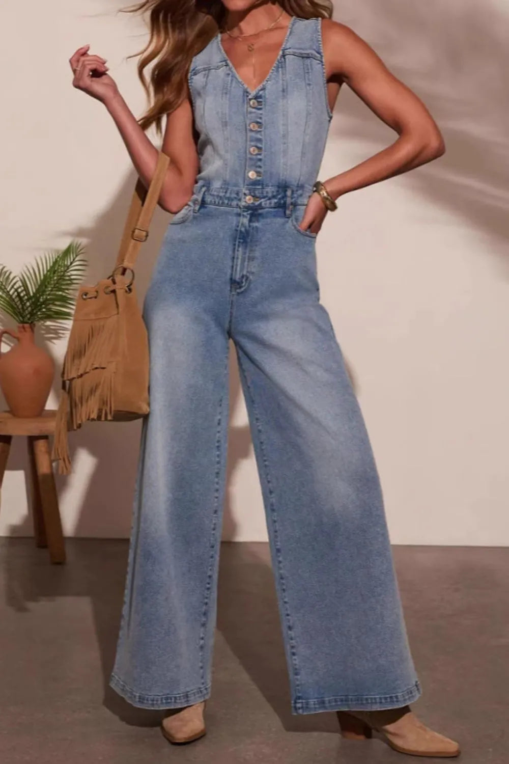 V-Neck Wide Leg Denim Jumpsuit - Jumpsuits