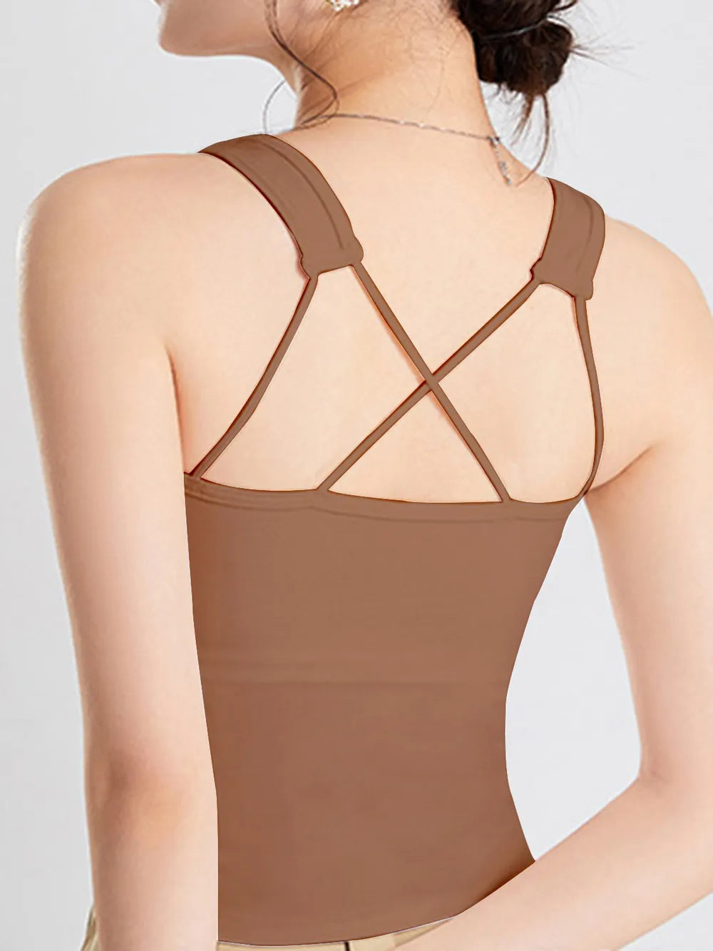 Women's Crisscross Scoop Neck Wide Strap Cropped Tank, Built-In Chest Pads - Crop Tops