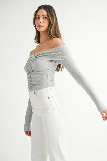 Off-Shoulder Ruched Button Up Long Sleeve Top | Trendy Tops Outfit Idea for Women by Ro + Ivy | Elevated Basics, Modern Comfort & Style