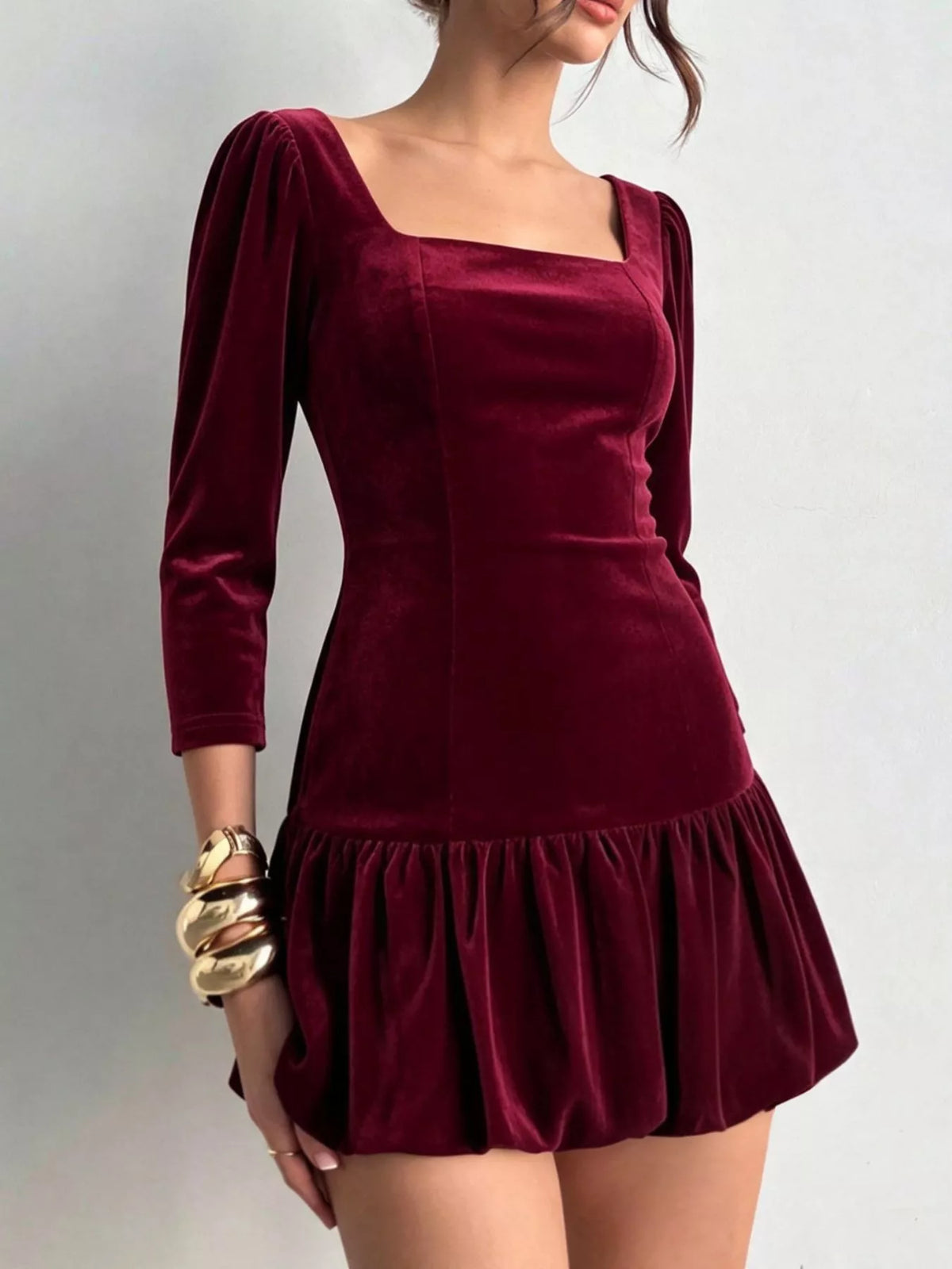 Christmas Velvet Square Neck Mini Dress with Ruffled Hem and Seam Details Burgundy
