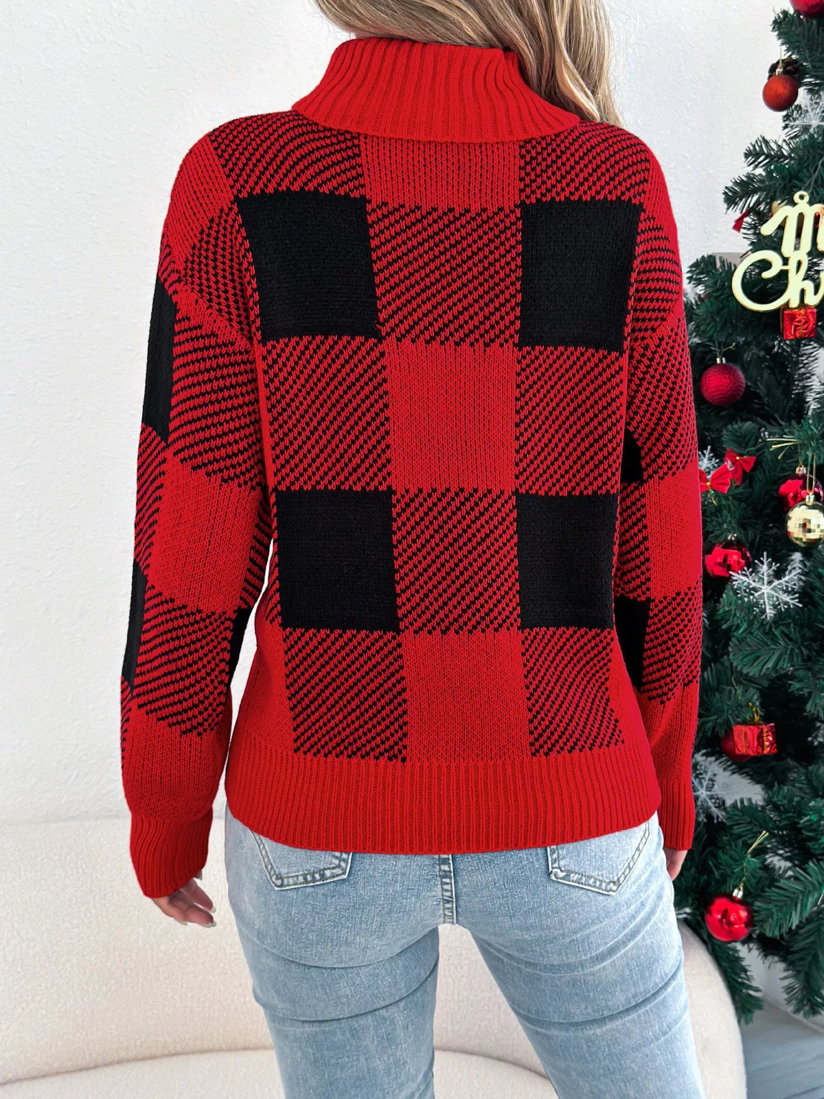 Christmas Plaid Long-Sleeve Turtleneck Knit Sweater