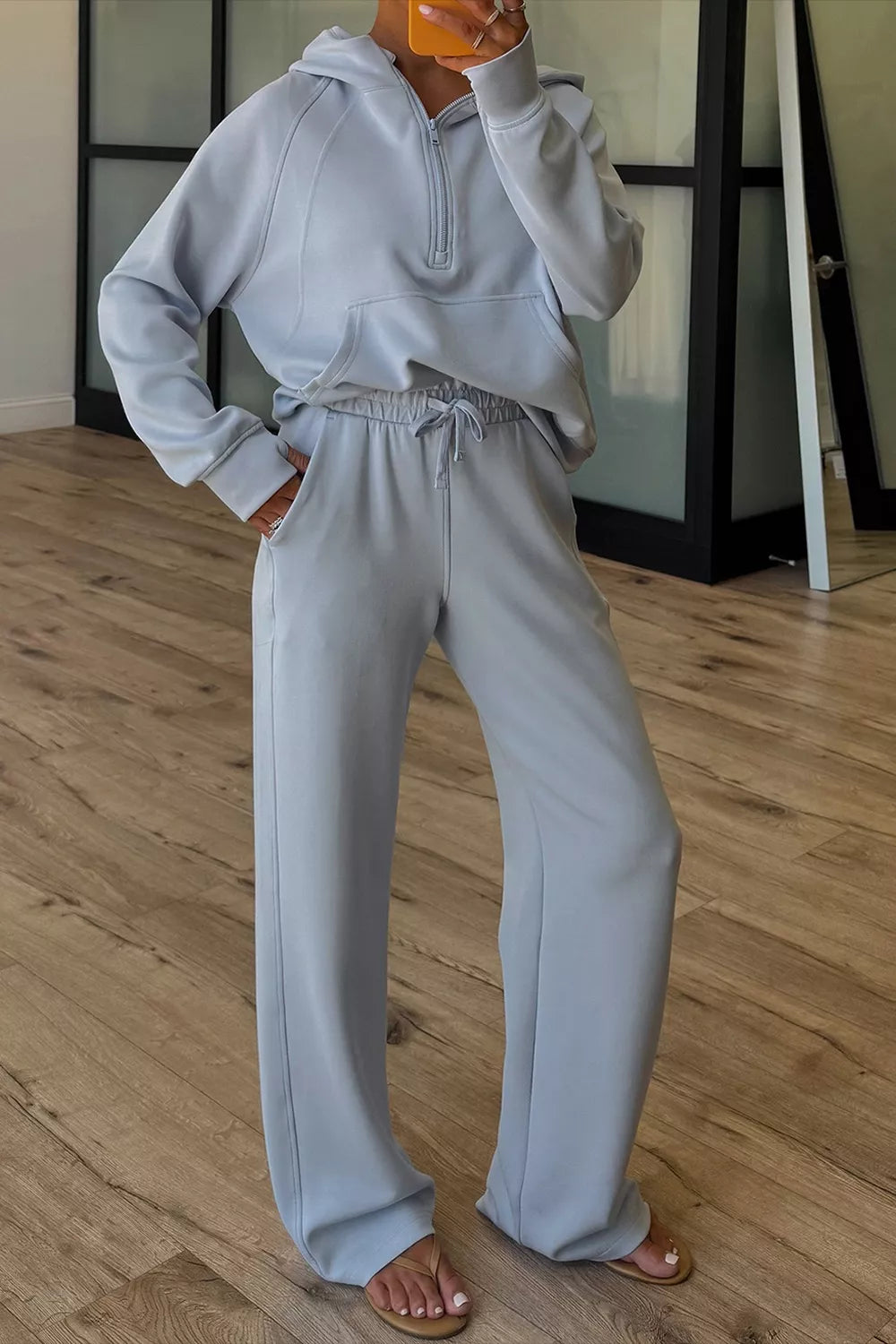 Women's Half Zip Thumbhole Sleeve Hoodie and Pants Set - Light Blue Activewear Sets