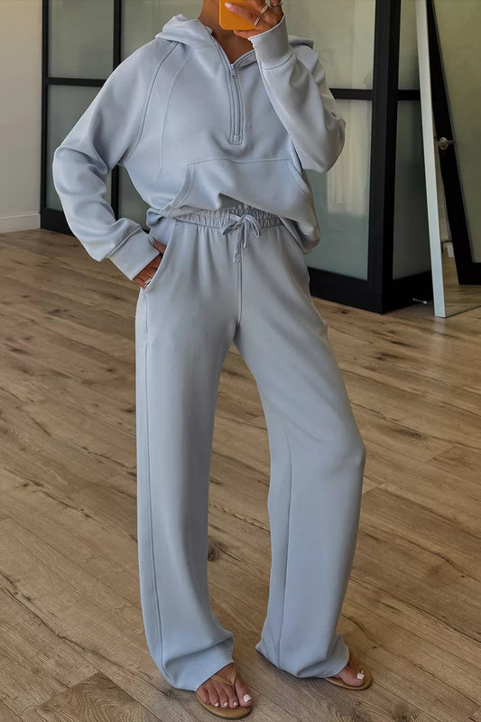 Women's Half Zip Thumbhole Sleeve Hoodie and Pants Set - Light Blue Activewear Sets