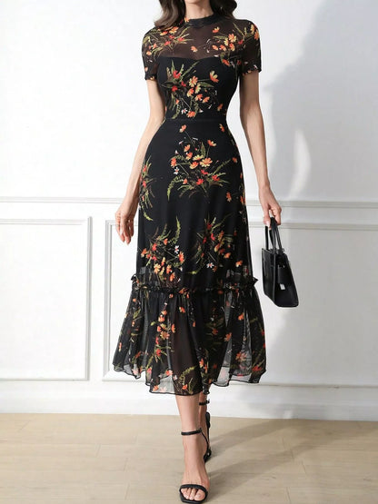 Floral Print Bodycon Midi Dress with Sheer Overlay and Ruffle Hem