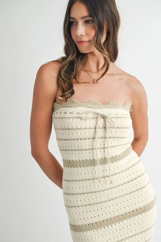 Contrast Striped Crochet Knit Midi Dress — Intricate Textured Flattering Everyday Style - Midi Dresses