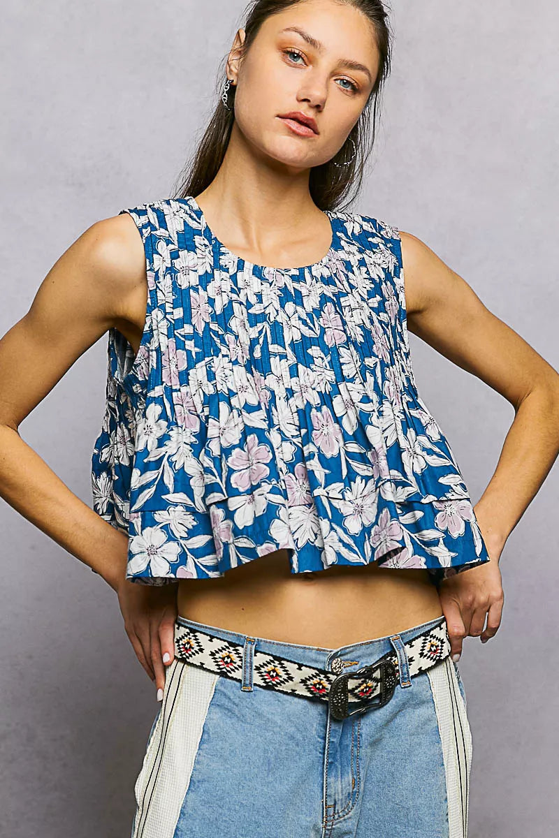 Floral Round Neck Cropped Pintuck Tank - Tank Tops