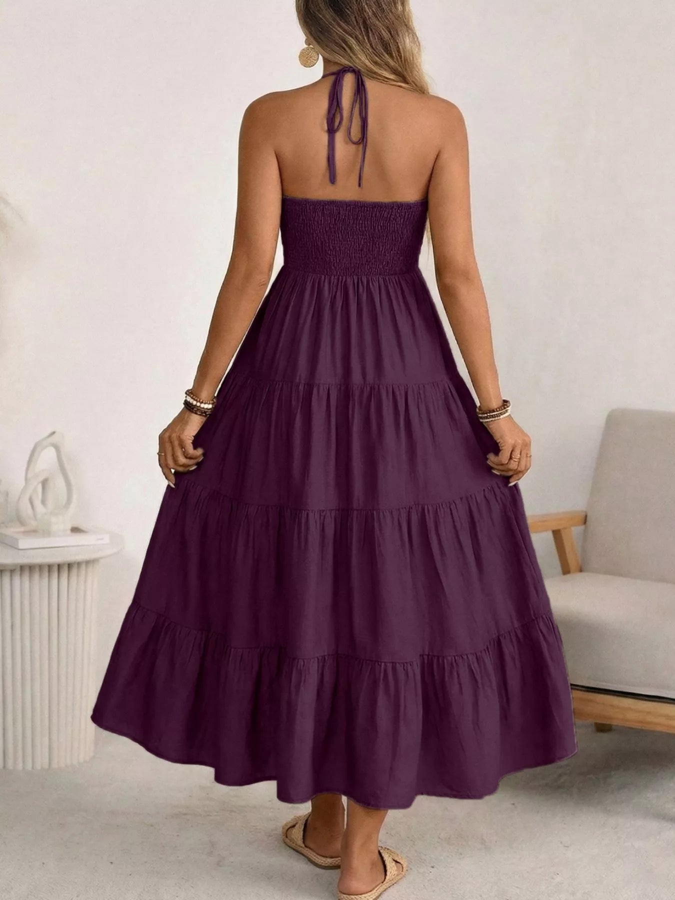 Women's Flowy Halter Neck Tiered Midi Dress - Midi Dresses