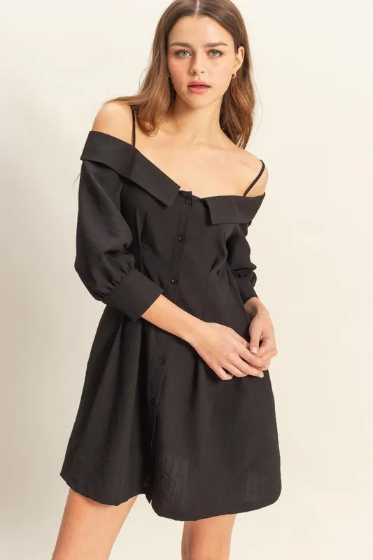 Button Down Spaghetti Strap Mini Dress With Pockets in Black – Black outfit idea for women | Ro + Ivy
