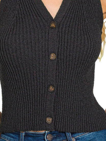 Ribbed Button-Down Knit Vest Top in Black | Trendy Knit Vests Outfit Idea for Women by Ro + Ivy | Elevated Basics, Modern Comfort & Style