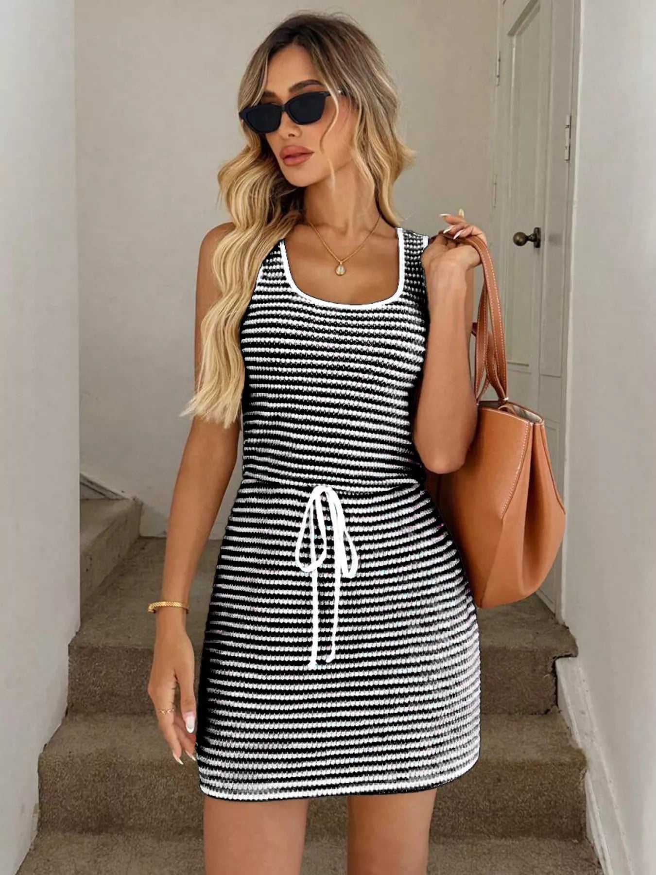 Women's Flowy Striped Knit Mini Dress with Drawstring - Mini Dresses