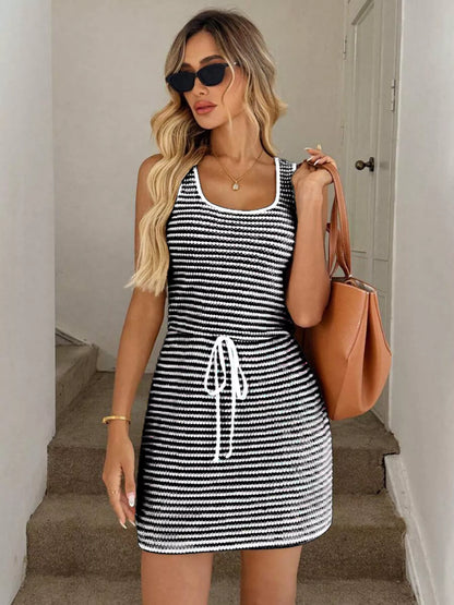 Women's Flowy Striped Knit Mini Dress with Drawstring - Mini Dresses