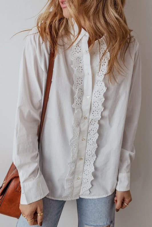Eyelet Button Down Long Sleeve Shirt - White Shirts