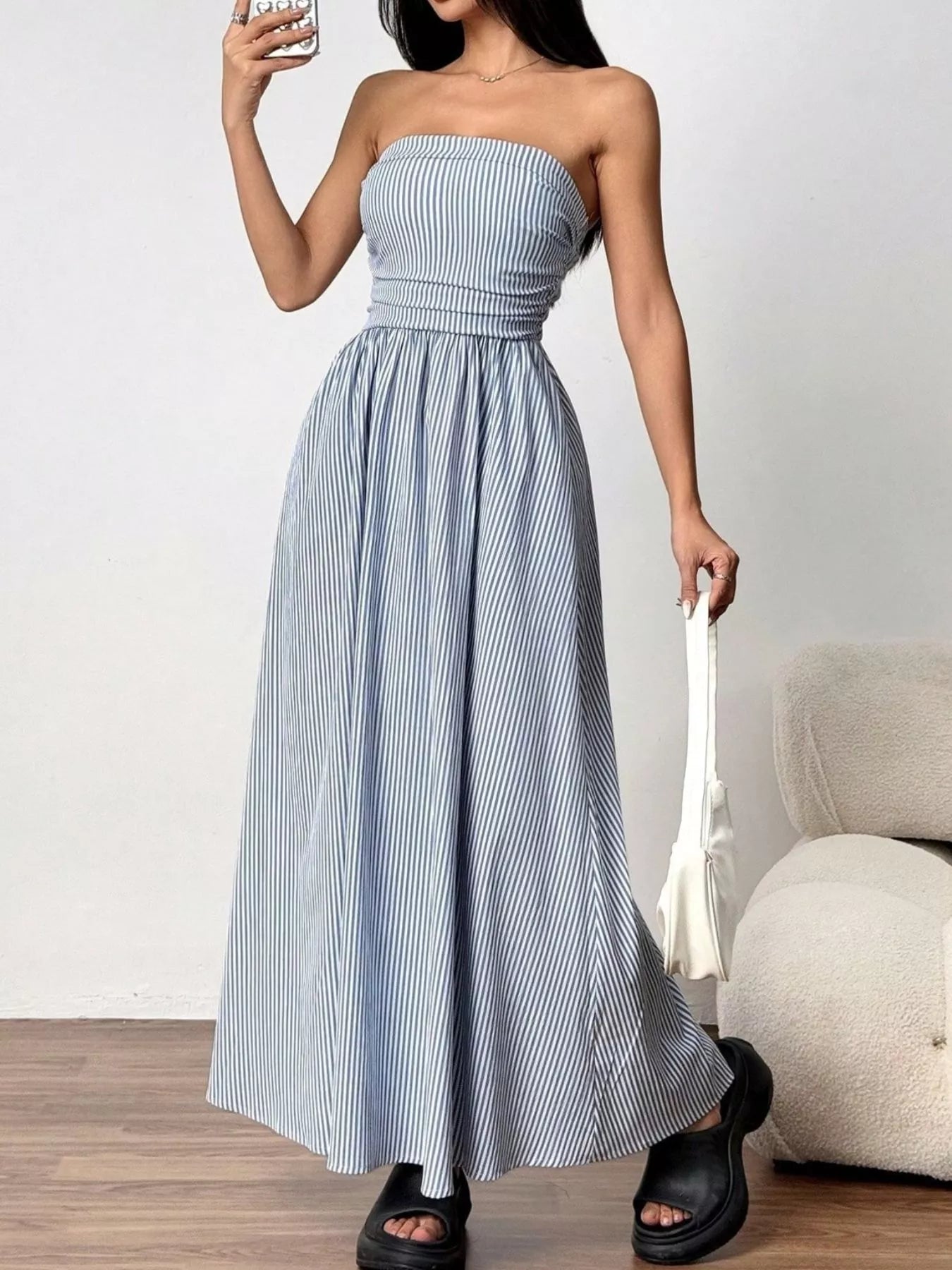 Strapless Featherweight Cotton Striped Maxi Dress - Maxi Dresses