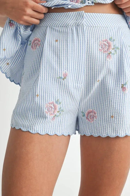 Stripe Embroidered Peplum Cami And Shorts Set – outfit idea for women | Ro + Ivy