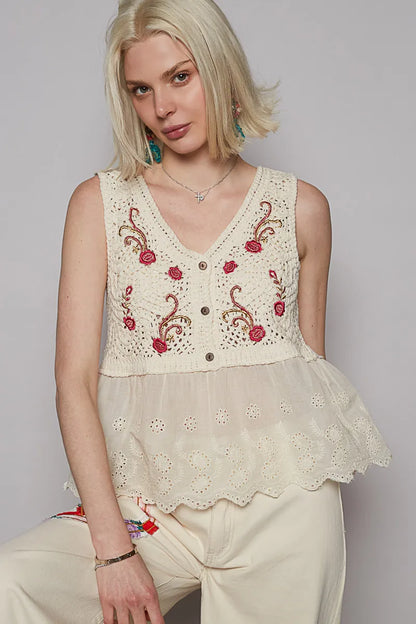 Embroidered Detail V-Neck Eyelet Peplum Tank – Cream One Size outfit idea for women | Ro + Ivy
