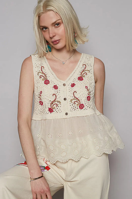 Embroidered Detail V-Neck Eyelet Peplum Tank – Cream One Size outfit idea for women | Ro + Ivy