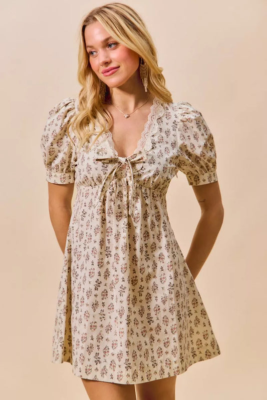 BLUSH Floral Print Lace Trim Short Sleeves Mini Dress | Trendy Mini Dresses Outfit Idea for Women by Ro + Ivy | Elevated Basics, Modern Comfort & Style