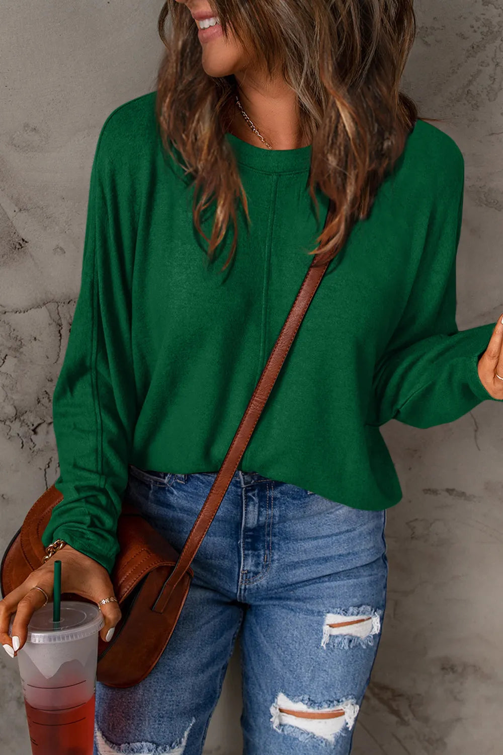 Relaxed Long Sleeve Round Neck Top Green
