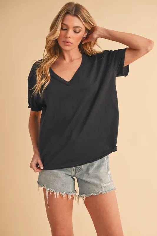 V-Neck Short Sleeve Cotton T-Shirt in Black | Trendy T-Shirts Outfit Idea for Women by Ro + Ivy | Elevated Basics, Modern Comfort & Style