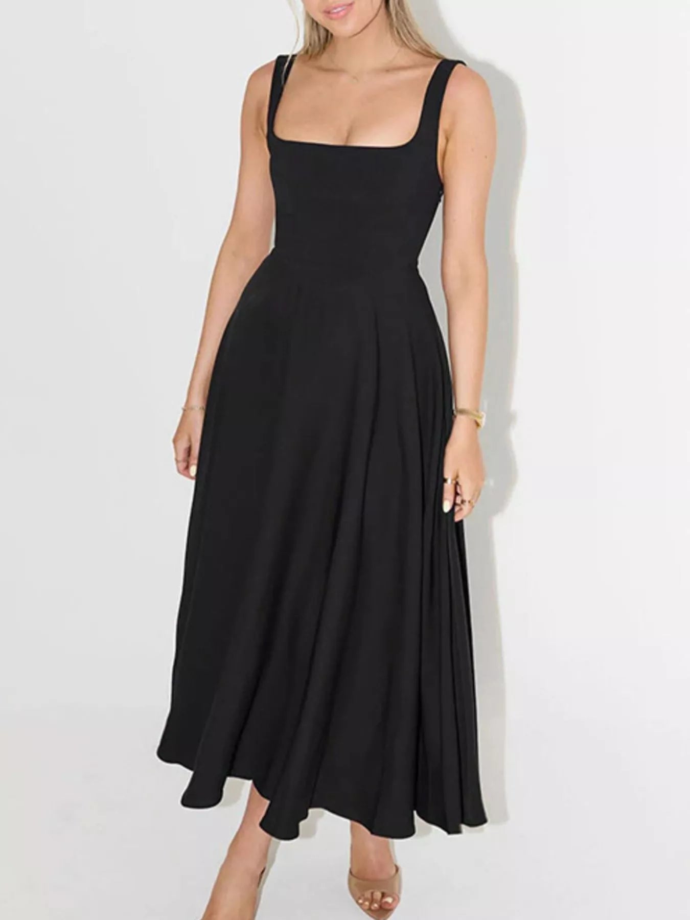 Women's Square Neck Wide Strap A-Line Midi Dress - Black Midi Dresses