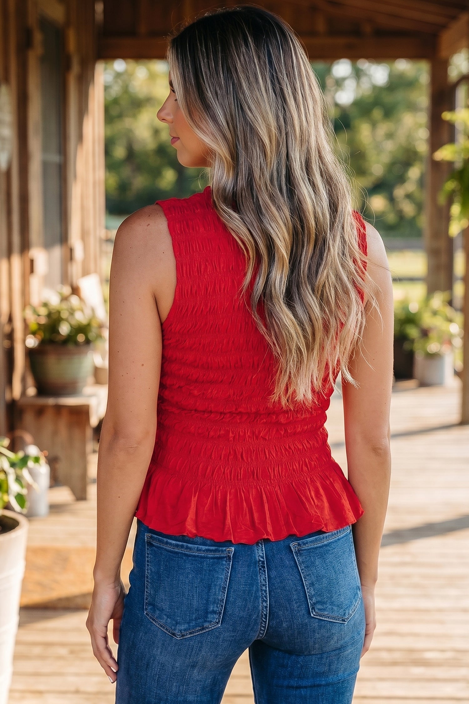 Shirred Detail Ruffle Hem Fitted Tank Top — Solid Flattering Everyday Style - Tank Tops