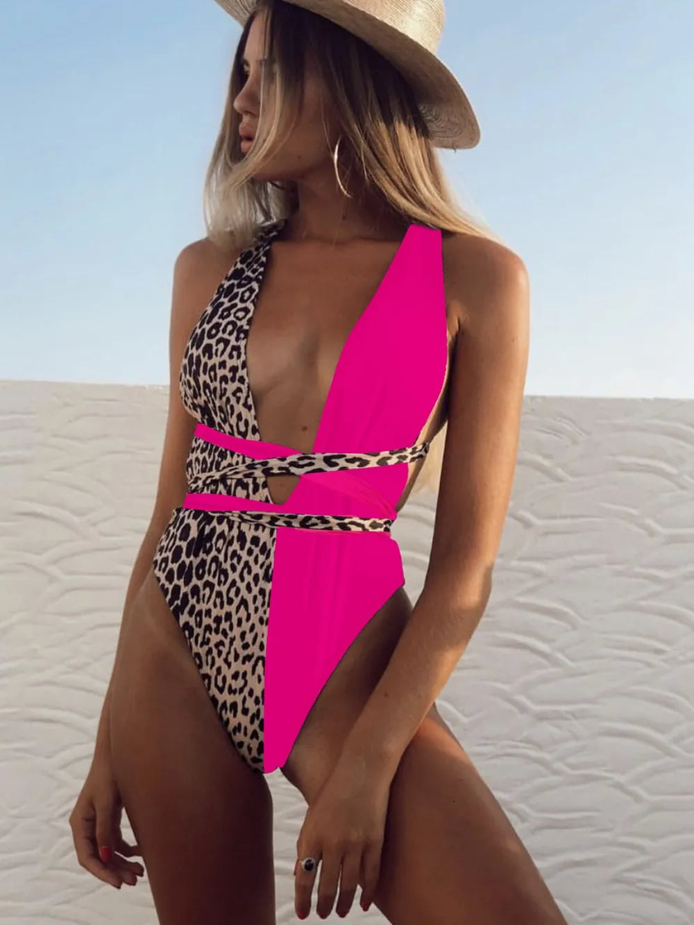 Women's Tied Leopard Print Plunge One Piece Swimwear - One-Piece Swimsuits