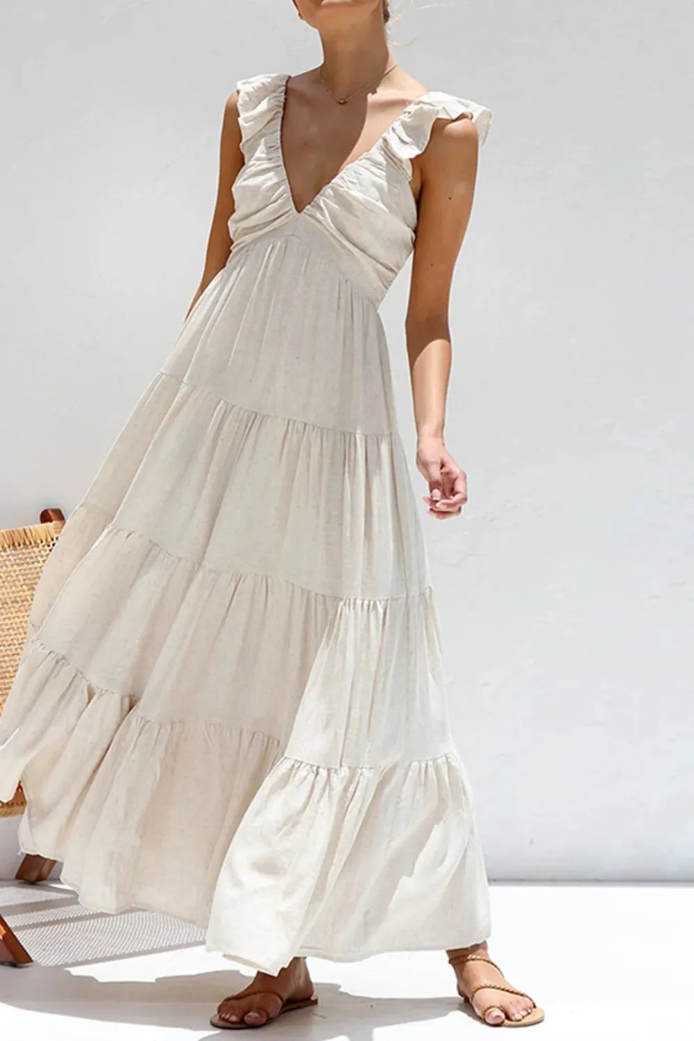 Women's Ruffled V-Neck Tiered Maxi Dress - Maxi Dresses