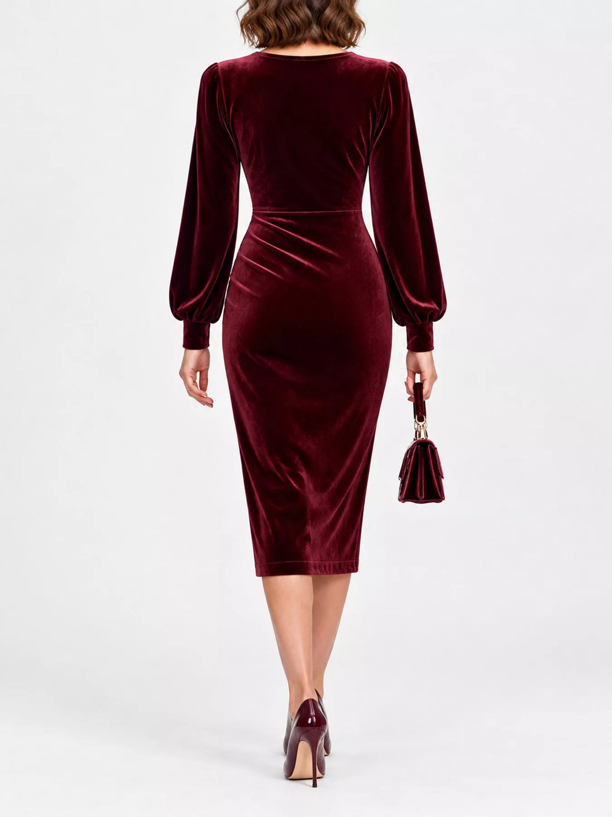 Long-Sleeve Velvet Wrap Dress with Ruched Bodycon Fit
