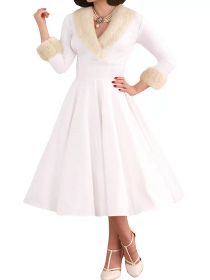 Christmas Dress with Faux Fur Trim and Sleeveless Silhouette White