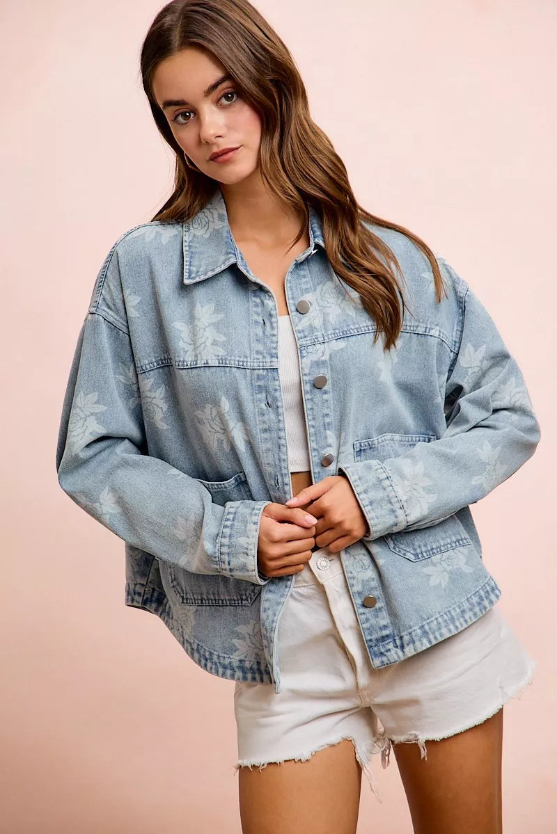 Women's Printed Washed Denim Jacket with Pocket - Jackets