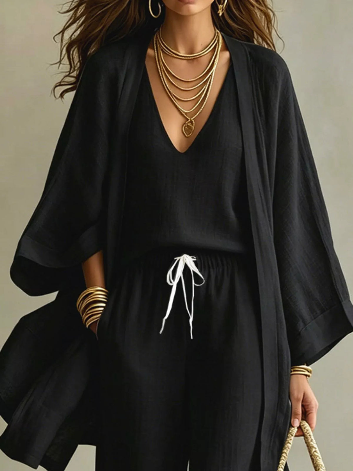Three-Piece Lounge Set with V-Neck Top, Open Cardigan and Drawstring Pants