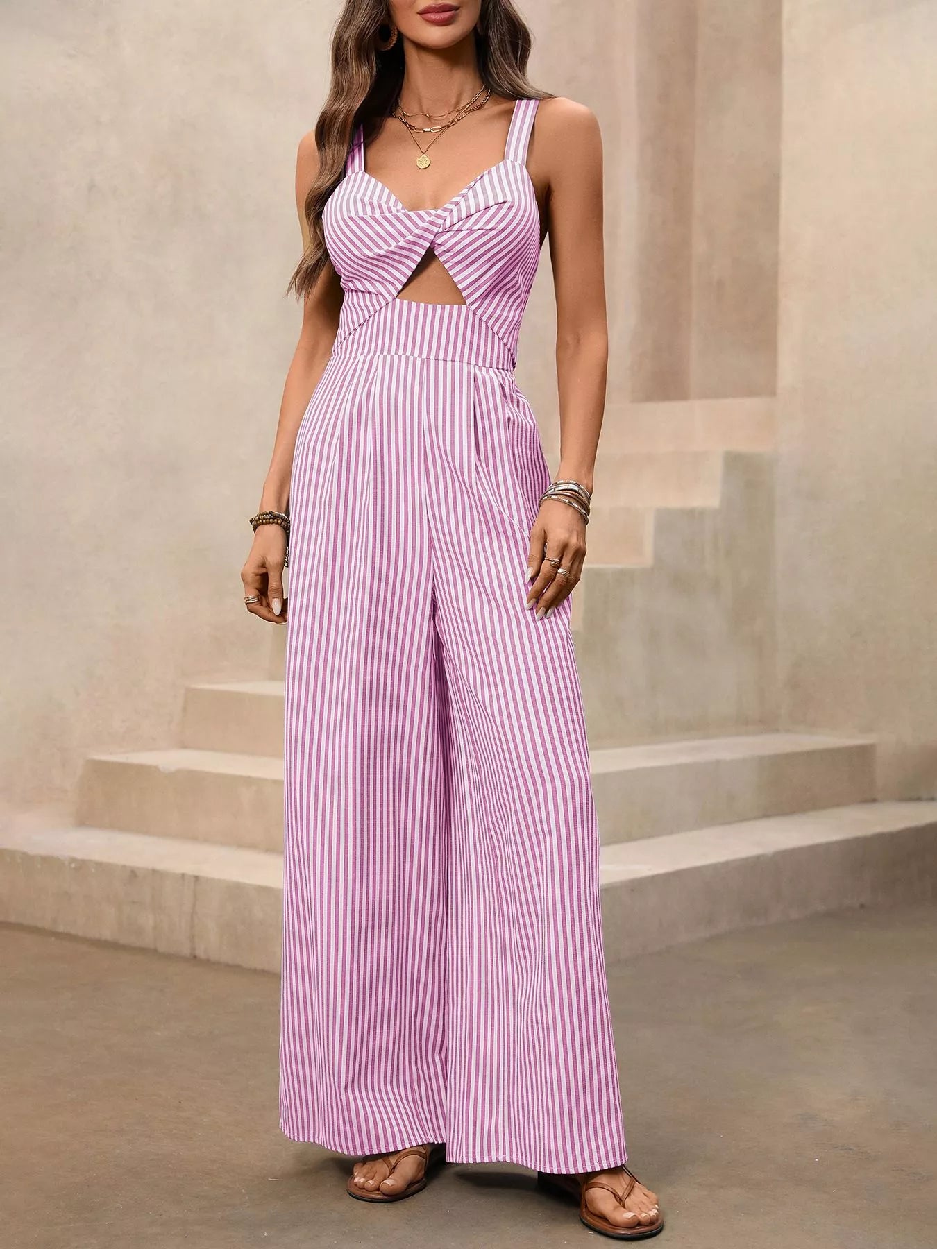 Women's Striped Cutout Twist Front Wide Leg Jumpsuit - Jumpsuits