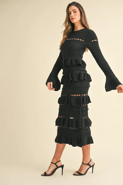 Long Sleeve Tiered Ruffle Knit Midi Dress – outfit idea for women | Ro + Ivy