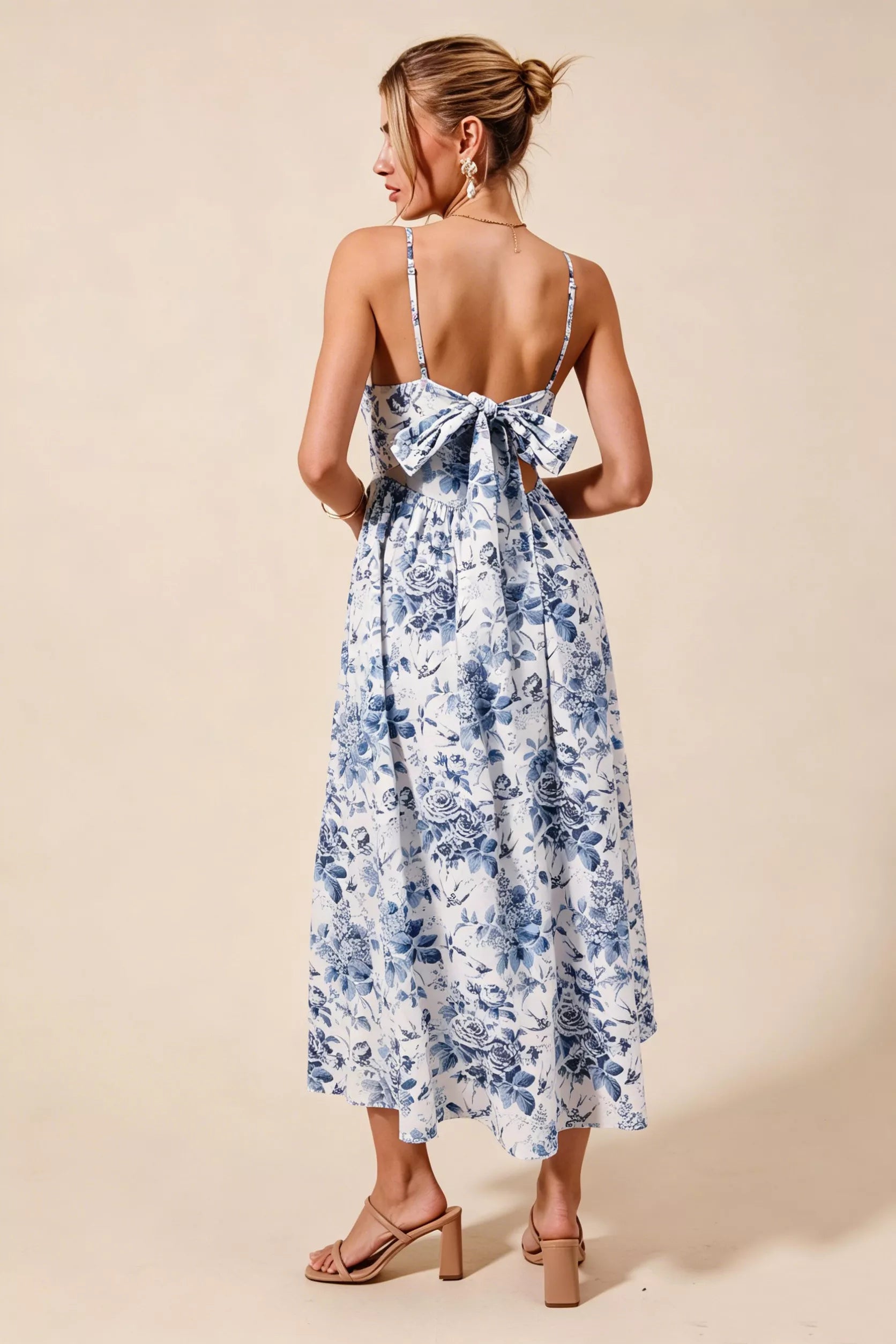 Floral Woven V-Neck Back Ribbon Tie Midi Dress — Romantic Adjustable Feminine Everyday Style - Midi Dresses