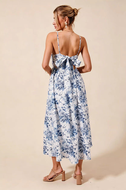 Floral Woven V-Neck Back Ribbon Tie Midi Dress — Romantic Adjustable Feminine Everyday Style - Midi Dresses