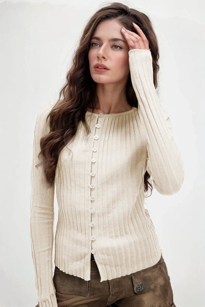 Women's Textured Button Up Round Neck Long Sleeve Top - Beige Shirts