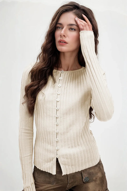 Women's Textured Button Up Round Neck Long Sleeve Top Beige