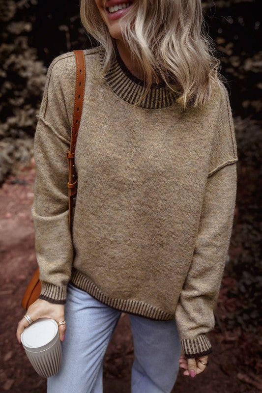 Pale Khaki Exposed Seam Ribbed Round Neck Long Sleeve Sweater | Trendy Sweaters Outfit Idea for Women | Ro + Ivy