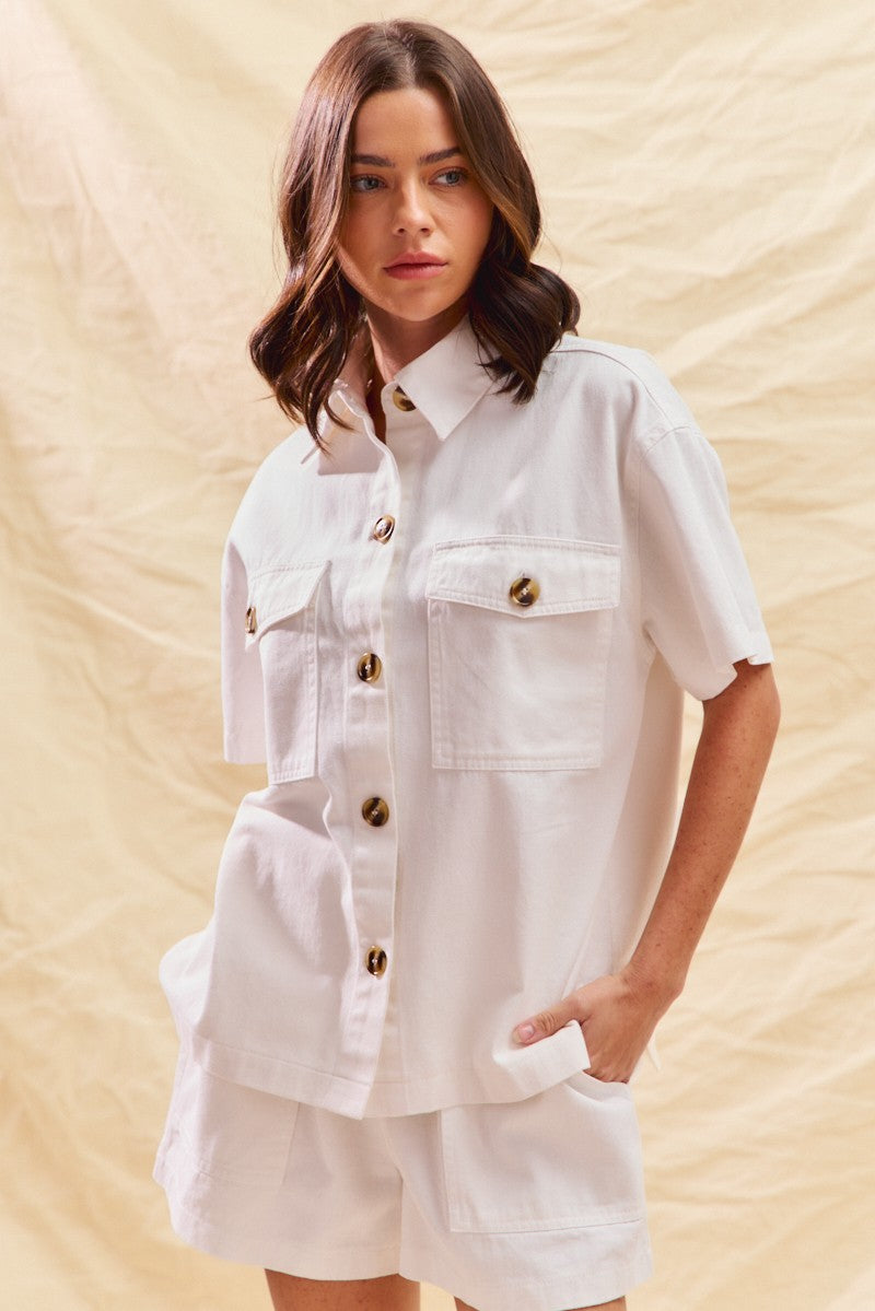 Button-Down Denim Shirt & Matching Shorts Two-Piece Set — Chic Casual Game Day Style - Outfit Sets