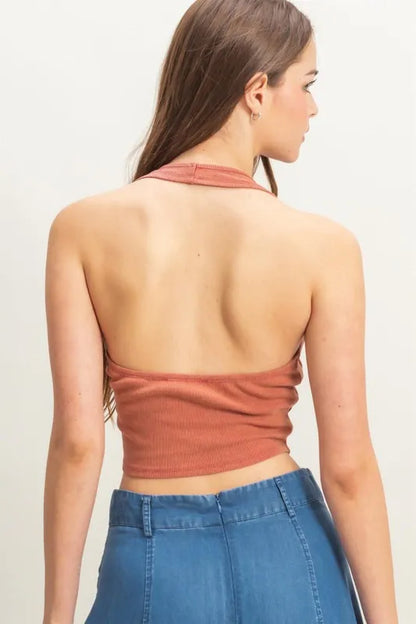 Mineral Wash Halter Neck Everyday Top — Trendy Faded Casual Versatile Style - Tops